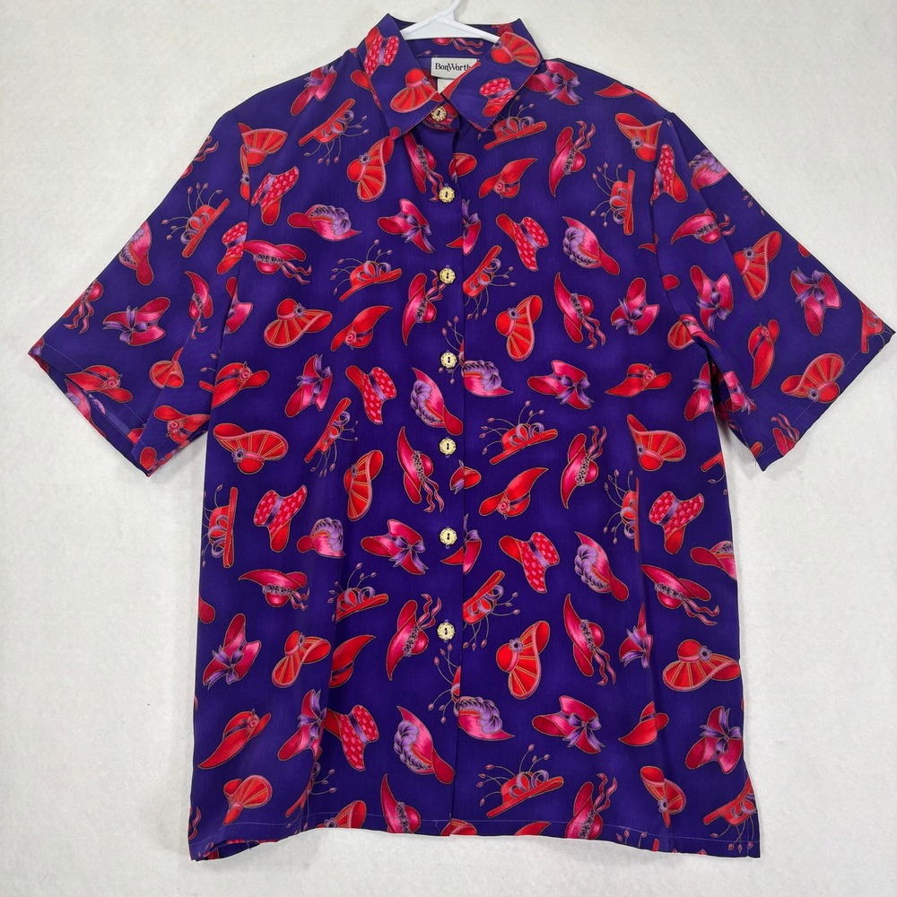 BonWorth Button‎ Up Shirt M Red Hat Print Novelty Vintage Top